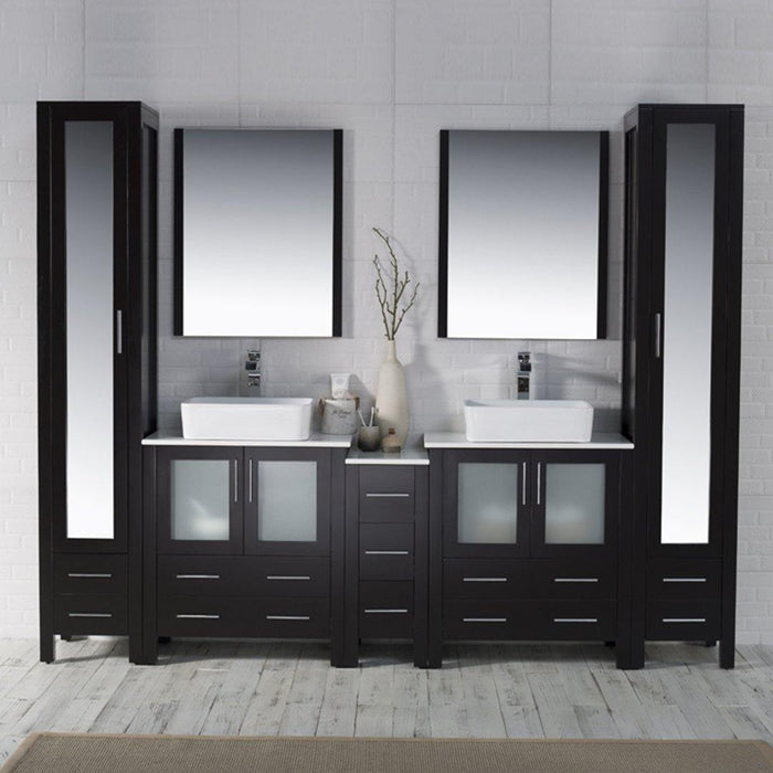 Sydney 102" Double Vanity, Ceramic Vessel Sink, Mirror, Linen Cabinets