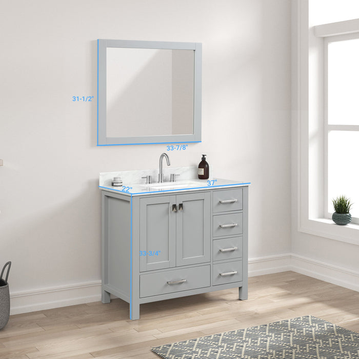 Geneva 36" Freestanding Bathroom Vanity With Carrara Marble Countertop, Undermount Ceramic Sink & Mirror - Metal Grey