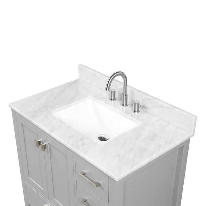 Geneva 36" Freestanding Bathroom Vanity With Carrara Marble Countertop, Undermount Ceramic Sink & Mirror - Metal Grey