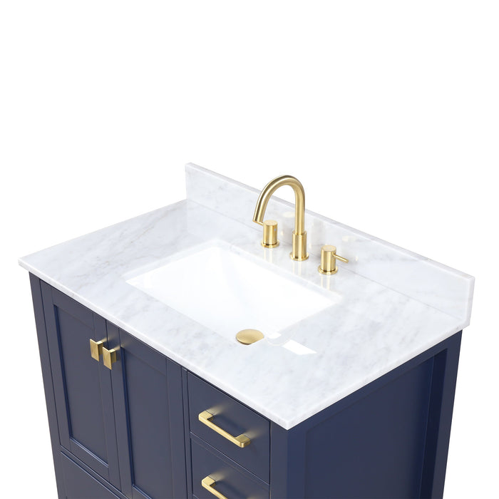 Geneva 36" Freestanding Bathroom Vanity With Carrara Marble Countertop & Undermount Ceramic Sink - Navy Blue
