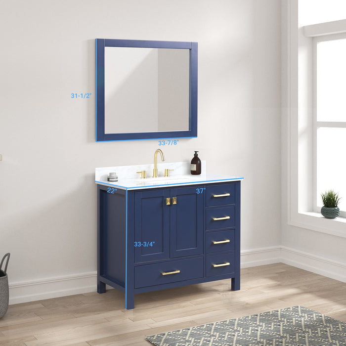Geneva 36" Freestanding Bathroom Vanity With Carrara Marble Countertop, Undermount Ceramic Sink & Mirror - Navy Blue