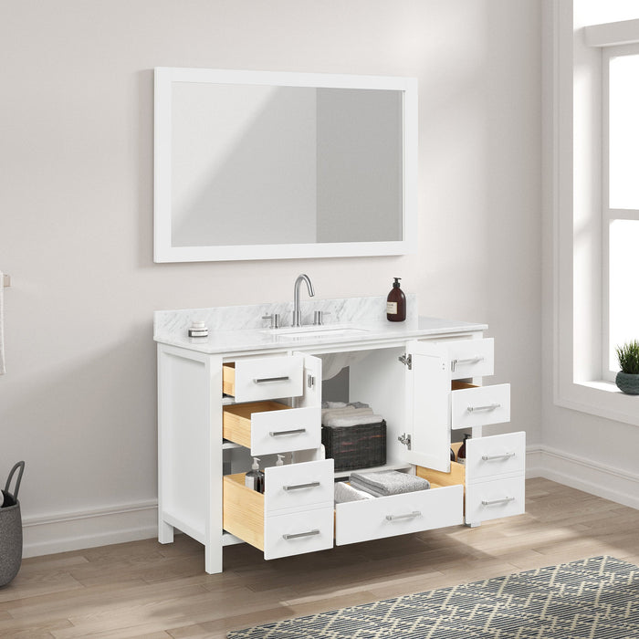 Geneva 48" Freestanding Bathroom Vanity With Carrara Marble Countertop, Undermount Ceramic Sink & Mirror - Matte White
