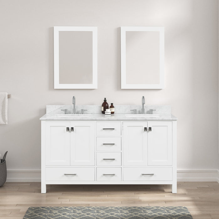 Geneva 60" Freestanding Bathroom Vanity With Carrara Marble Countertop & Undermount Ceramic Sink - Matte White