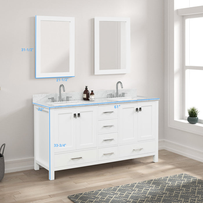 Geneva 60" Freestanding Bathroom Vanity With Carrara Marble Countertop, Undermount Ceramic Sink & Mirror - Matte White