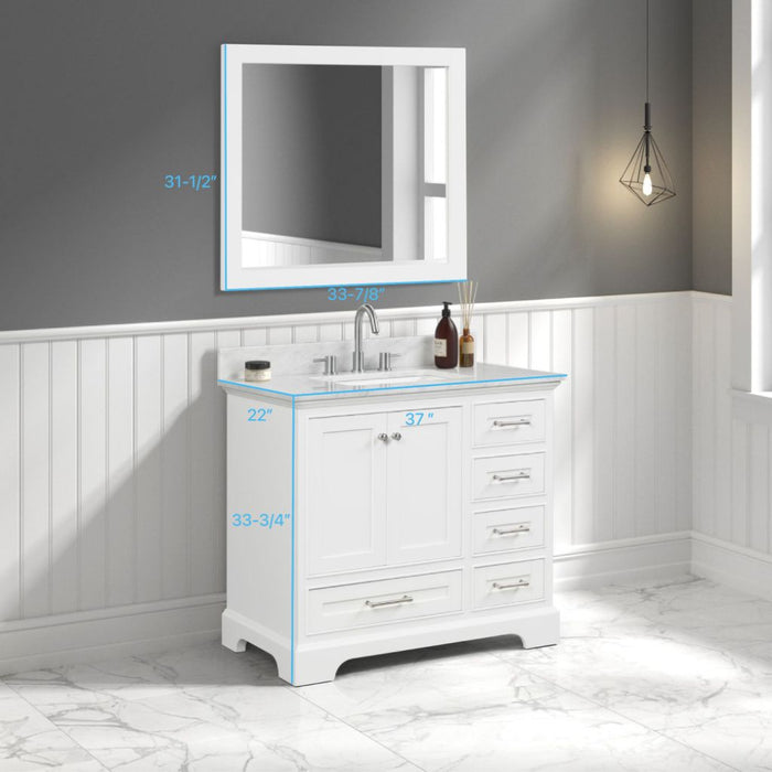 Copenhagen 36" Freestanding Bathroom Vanity With Carrara Marble Countertop, Undermount Ceramic Sink & Mirror - Matte White
