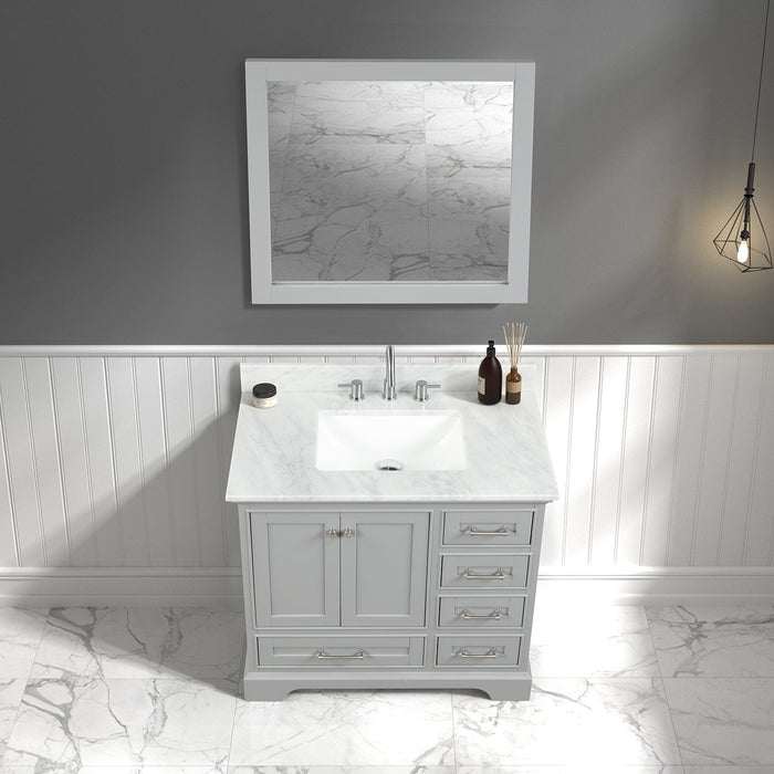 Copenhagen 36" Freestanding Bathroom Vanity With Carrara Marble Countertop, Undermount Ceramic Sink & Mirror - Metal Grey