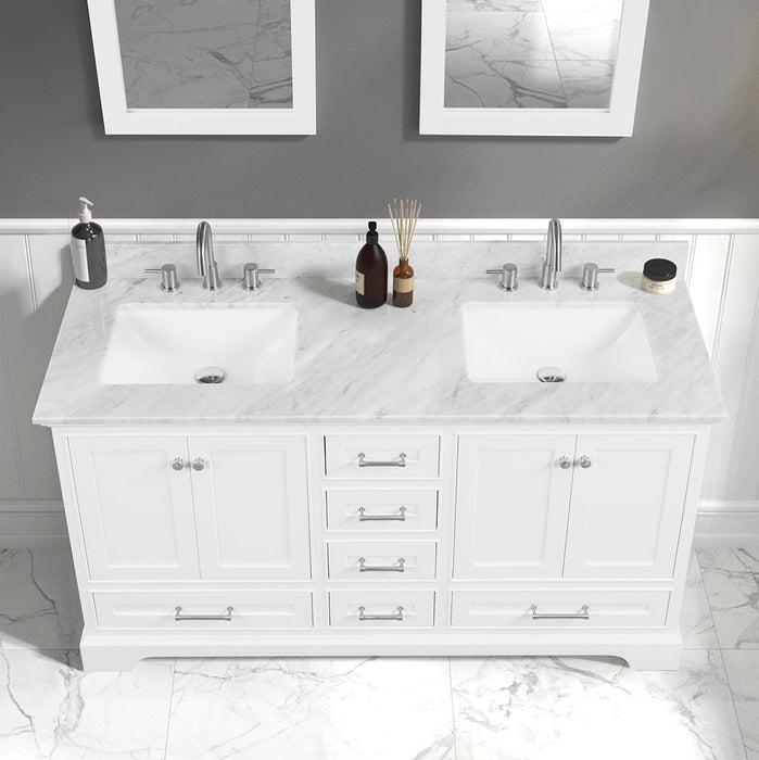 Copenhagen 60" Freestanding Bathroom Vanity With Carrara Marble Countertop & Undermount Ceramic Sink - Matte White