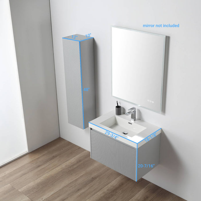 Positano 30" Floating Bathroom Vanity with Acrylic Sink & Side Cabinet - Light Grey