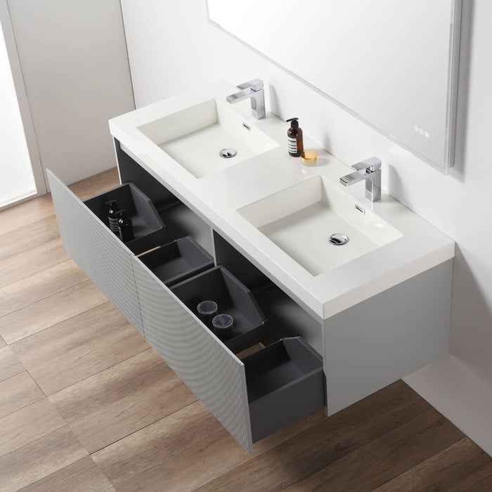 Positano 60" Floating Bathroom Vanity with Acrylic Sinks & 2 Side Cabinets - Light Grey