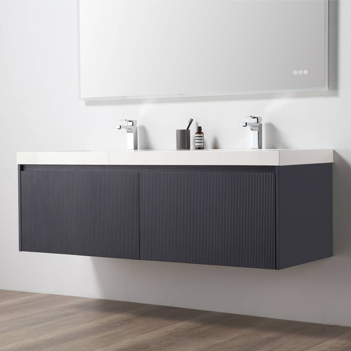 Positano 60" Floating Bathroom Vanity with Acrylic Sinks & 2 Side Cabinets - Night Blue