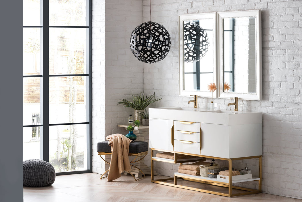 Columbia 59" Double Vanity, Glossy White, Radiant Gold w/ Glossy White Composite Stone Top - Luxe Vanity & Tub