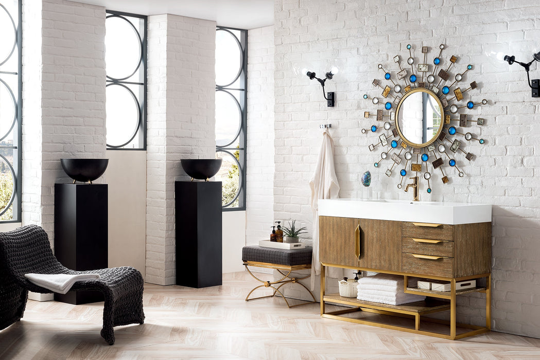 Columbia 48" Single Vanity, Latte Oak, Radiant Gold w/ Glossy White Composite Stone Top - Luxe Vanity & Tub