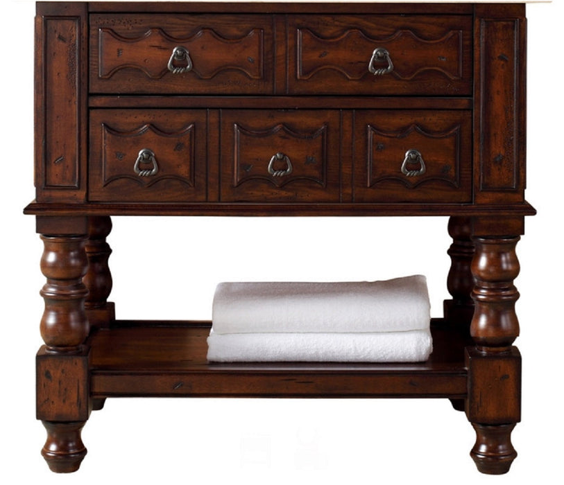 Castilian 36" Single Vanity, Aged Cognac w/ 3 CM Arctic Fall Solid Surface Top - Luxe Vanity & Tub