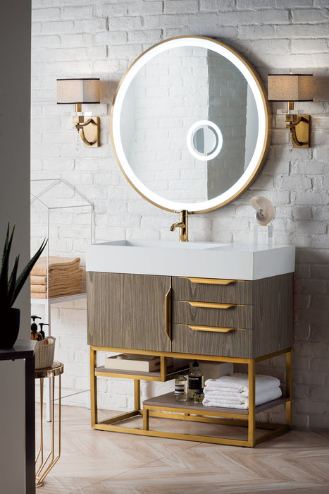 Columbia 36" Single Vanity, Ash Gray, Radiant Gold w/ Glossy White Composite Stone Top - Luxe Vanity & Tub