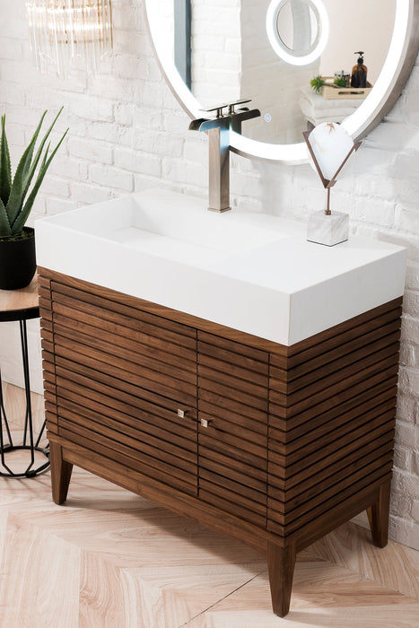 Linear 36" Single Vanity, Mid-Century Walnut w/ Glossy White Composite Stone Top - Luxe Vanity & Tub