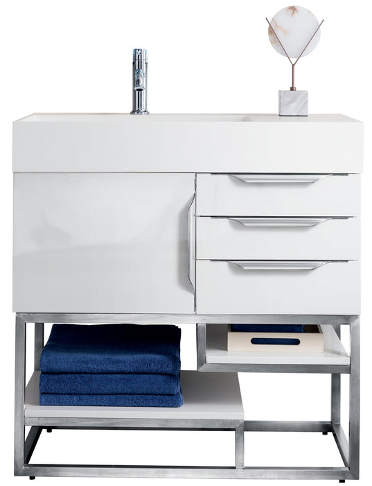 Columbia 36" Single Vanity, Glossy White, Brushed Nickel w/ Glossy White Composite Stone Top - Luxe Vanity & Tub