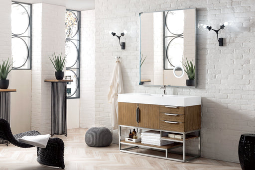 Columbia 48" Single Vanity, Latte Oak, Brushed Nickel w/ Glossy White Composite Stone Top - Luxe Vanity & Tub