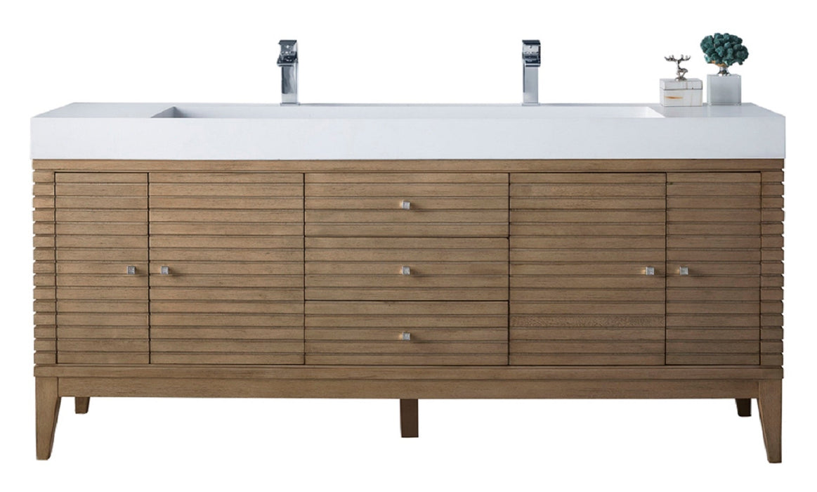 Linear 72" Double Vanity Whitewashed Walnut w/ Glossy White Composite Stone Top - Luxe Vanity & Tub