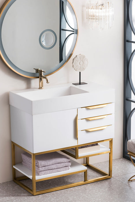 Columbia 36" Single Vanity, Glossy White, Radiant Gold w/ Glossy White Composite Stone Top - Luxe Vanity & Tub