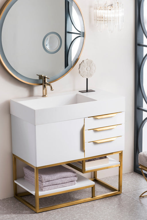 Columbia 36" Single Vanity, Glossy White, Radiant Gold w/ Glossy White Composite Stone Top - Luxe Vanity & Tub