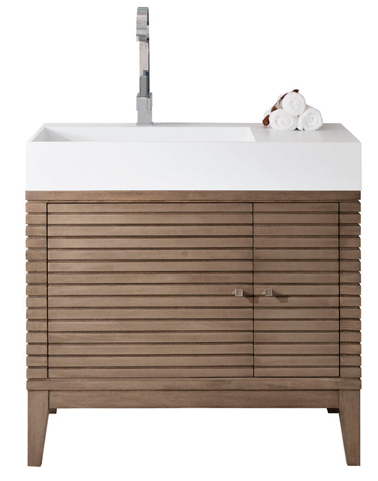 Linear 36" Single Vanity, Whitewashed Walnut w/ Glossy White Composite Stone Top - Luxe Vanity & Tub