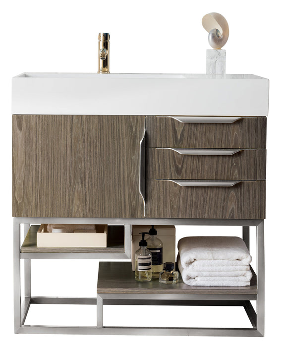 Columbia 36" Single Vanity, Ash Gray, Brushed Nickel w/ Glossy White Composite Stone Top - Luxe Vanity & Tub