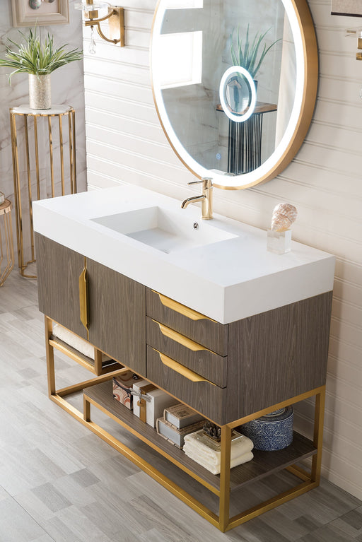 Columbia 48" Single Vanity, Ash Gray, Radiant Gold w/ Glossy White Composite Stone Top - Luxe Vanity & Tub