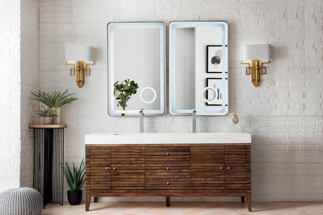 Linear 72" Double Vanity, Mid-Century Walnut w/ Glossy White Composite Stone Top - Luxe Vanity & Tub