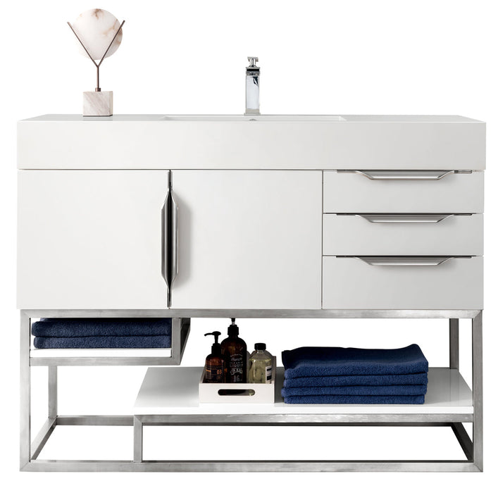 Columbia 48" Single Vanity, Glossy White, Brushed Nickel w/ Glossy White Composite Stone Top - Luxe Vanity & Tub