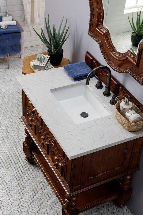 Castilian 36" Single Vanity, Aged Cognac w/ 3 CM Eternal Jasmine Pearl Quartz Top - Luxe Vanity & Tub