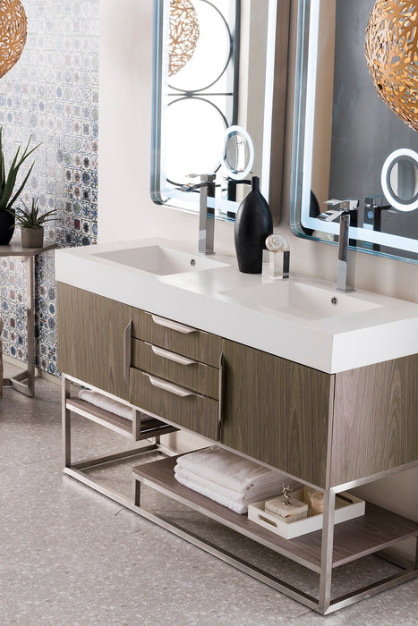 Columbia 59" Double Vanity, Ash Gray, Brushed Nickel w/ Glossy White Composite Stone Top - Luxe Vanity & Tub