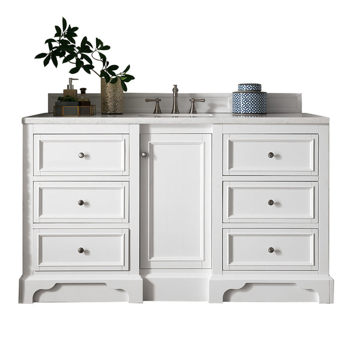 De Soto 60" Single Vanity, Bright White w/ 3 CM Arctic Fall Solid Surface Top - Luxe Vanity & Tub