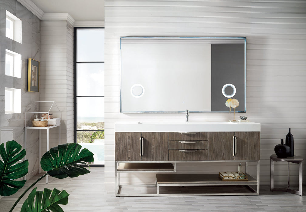 Columbia 72" Single Vanity, Ash Gray, Brushed Nickel w/ Glossy White Composite Stone Top - Luxe Vanity & Tub