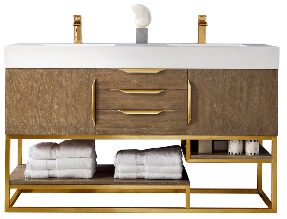 Columbia 59" Double Vanity, Latte Oak, Radiant Gold w/ Glossy White Composite Stone Top - Luxe Vanity & Tub