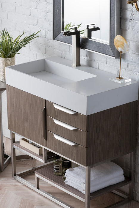 Columbia 36" Single Vanity, Ash Gray, Brushed Nickel w/ Glossy White Composite Stone Top - Luxe Vanity & Tub