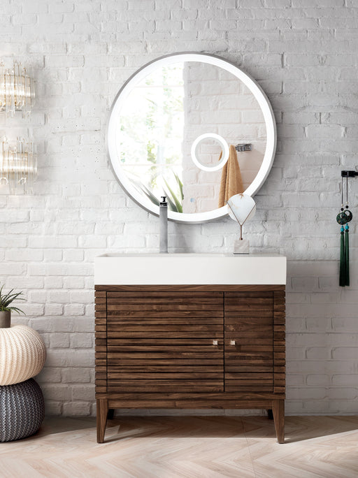 Linear 36" Single Vanity, Mid-Century Walnut w/ Glossy White Composite Stone Top - Luxe Vanity & Tub