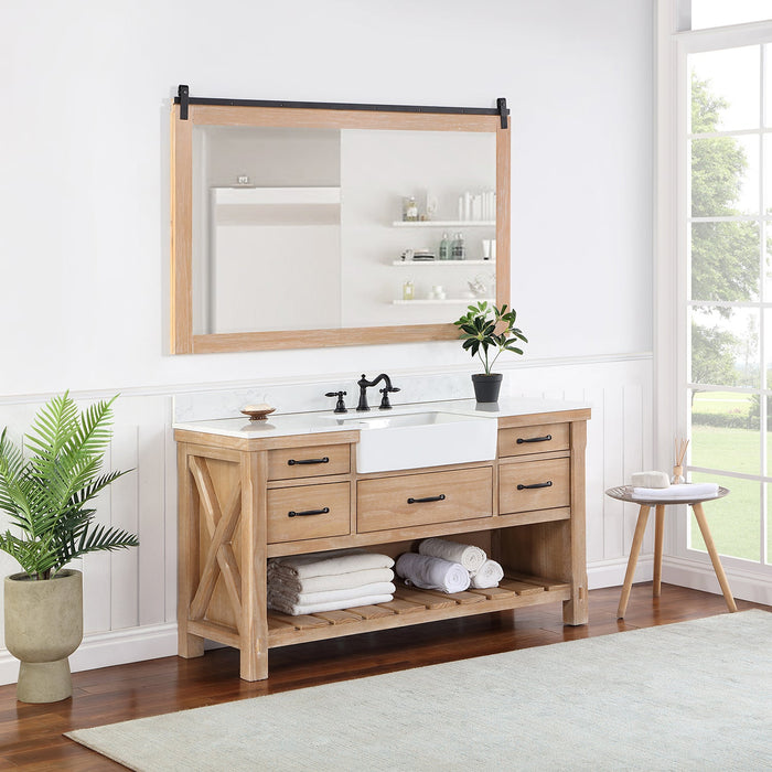 Villareal 60" Single Vanity in Weathered Pine with Composite Stone Top in White, White Farmhouse Basin