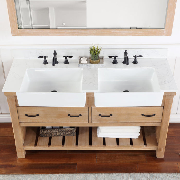 Villareal 60" Double Vanity in Weathered Pine with Composite Stone Top in White, White Farmhouse Basin