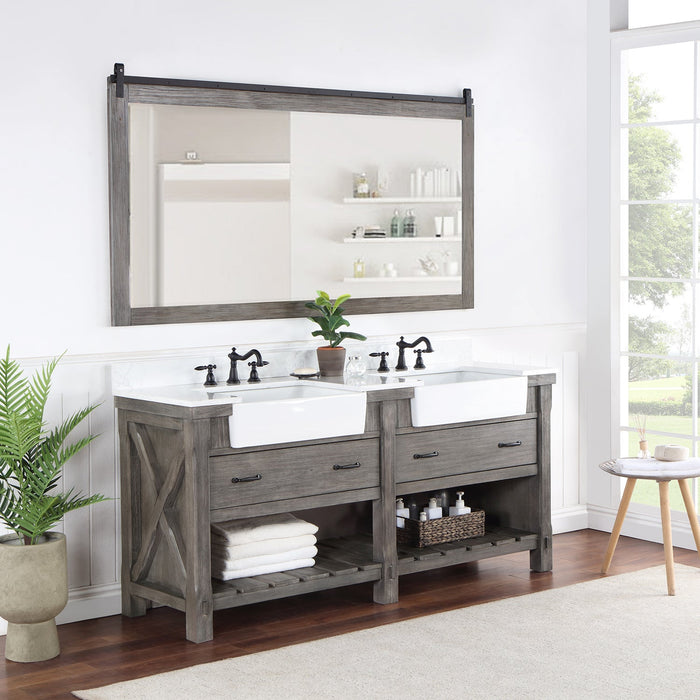 Villareal 72" Double Vanity in Classical Grey with Composite Stone Top in White, White Farmhouse Basin