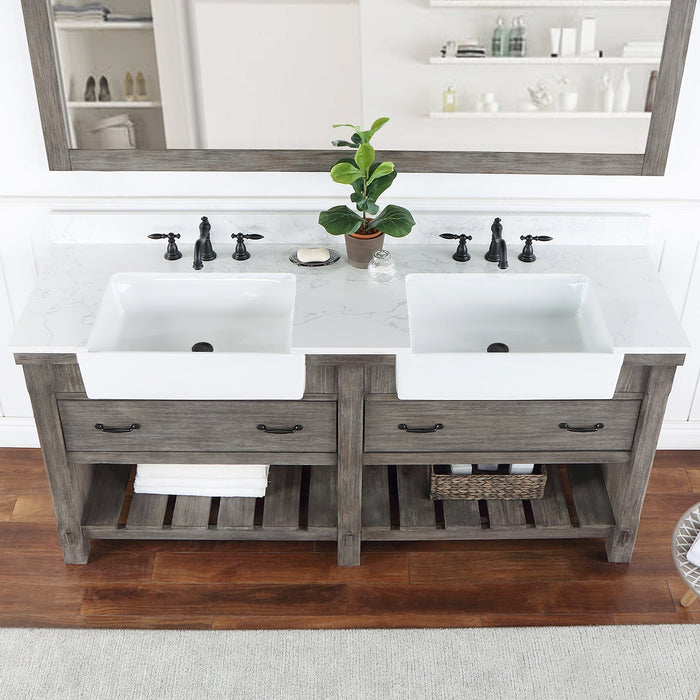 Villareal 72" Double Vanity in Classical Grey with Composite Stone Top in White, White Farmhouse Basin