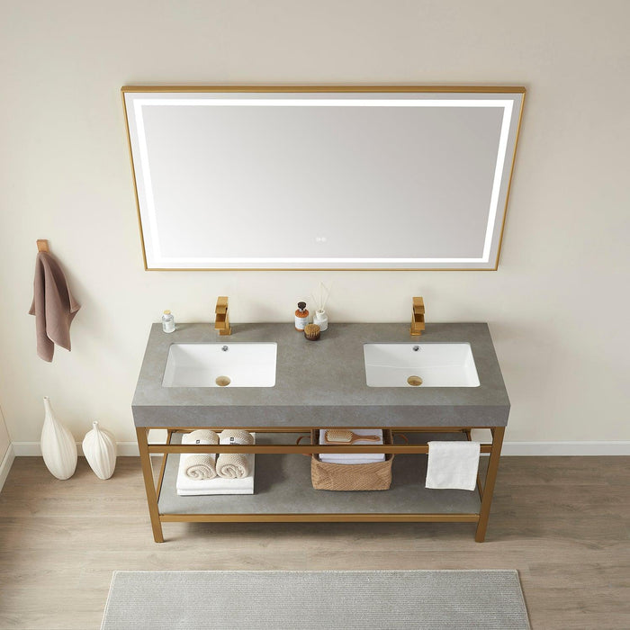 Vinnova Funes Double Sink Bath Vanity with White/Grey Sintered Stone Top and Optional Mirror