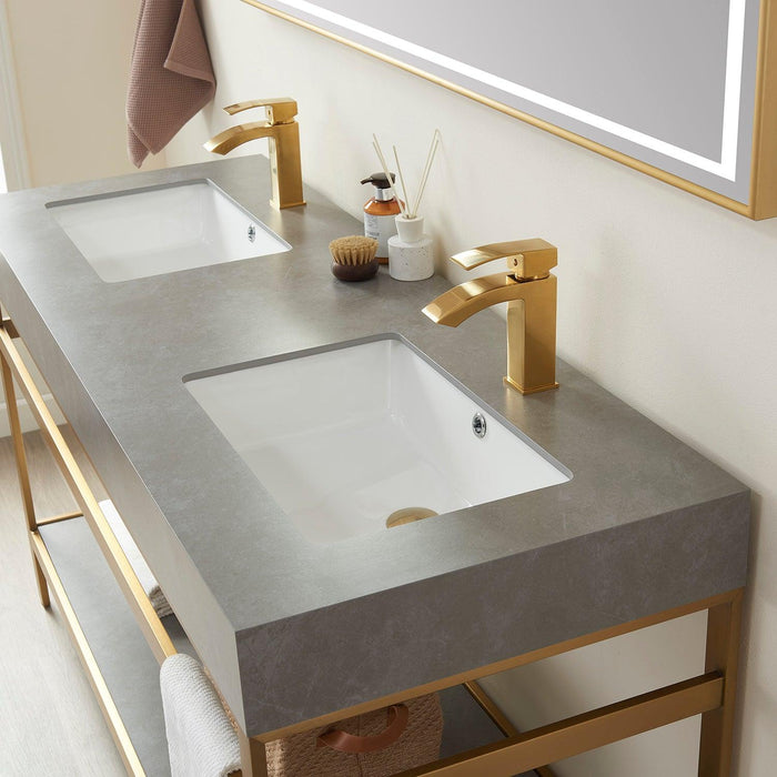 Vinnova Funes Double Sink Bath Vanity with White/Grey Sintered Stone Top and Optional Mirror