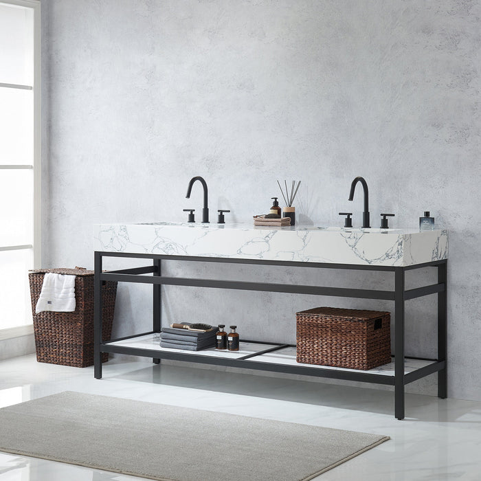 Ecija Free-standing Double Sink Bathroom Vanity | 60", 72" | Metal Support w/ Pandora White Composite Stone Top, Opt. Mirror