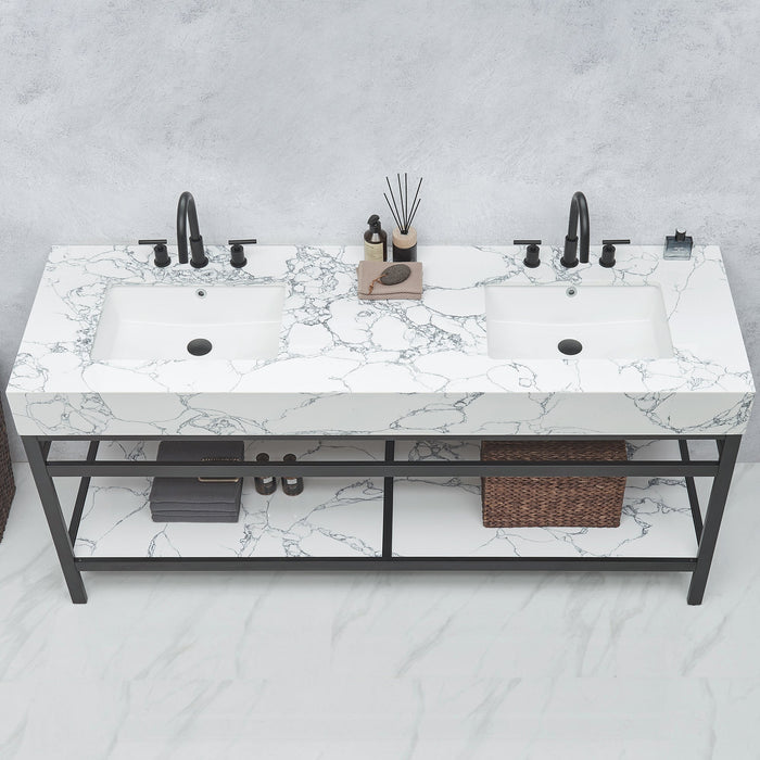 Ecija Free-standing Double Sink Bathroom Vanity | 60", 72" | Metal Support w/ Pandora White Composite Stone Top, Opt. Mirror