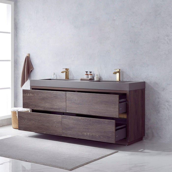 Vinnova Huesca Double Sink Bath Vanity with Composite Integral Square Sink Top and Optional Mirror