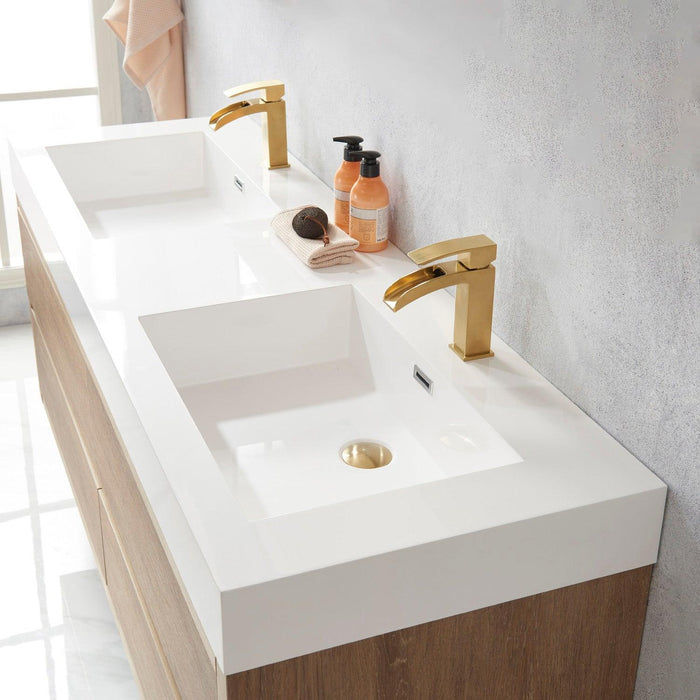 Vinnova Palencia Double Sink Wall-Mount Bath Vanity with Composite Integral Square Sink Top and Optional Mirror