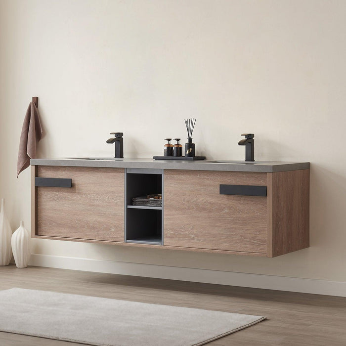 Vinnova Carcastillo Double Sink Bath Vanity in North American Oak with Grey Sintered Stone Top and Optional Mirror