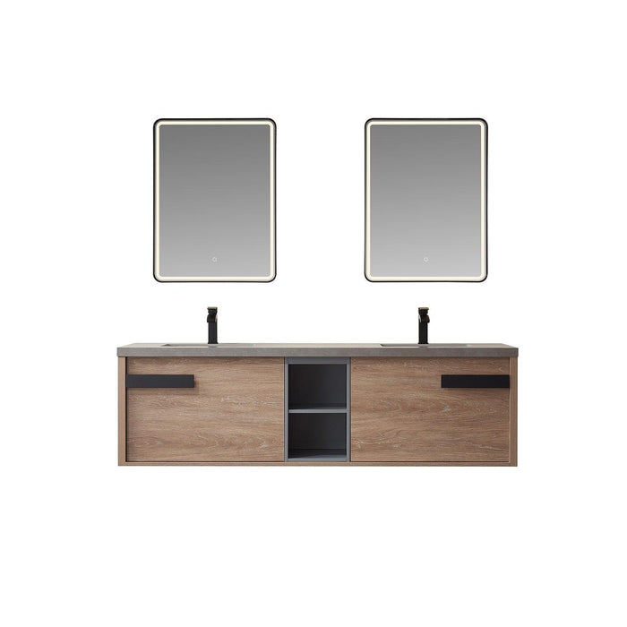 Vinnova Carcastillo Double Sink Bath Vanity in North American Oak with Grey Sintered Stone Top and Optional Mirror