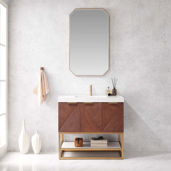 Mahon 36G" Free-standing Single Bath Vanity in North American Deep Walnut with White Grain Composite Stone Top