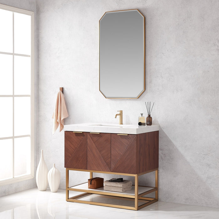 Mahon 36G" Free-standing Single Bath Vanity in North American Deep Walnut with White Grain Composite Stone Top